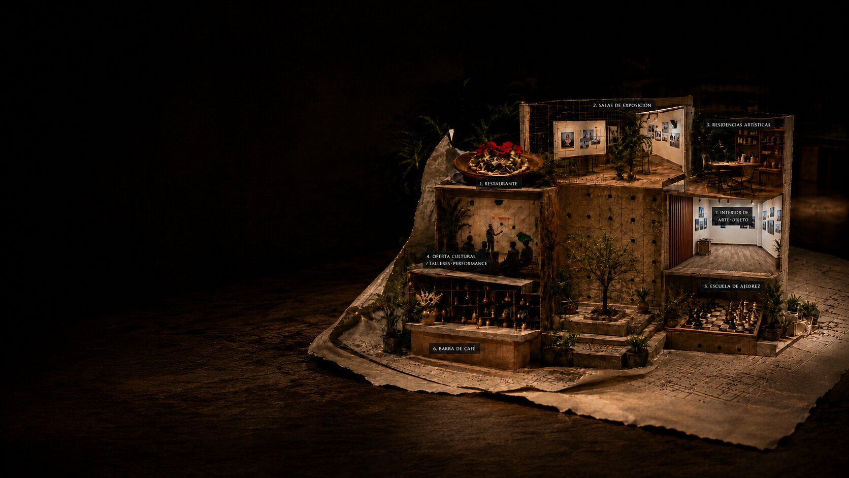Maqueta de Casa Olinka mostrando sus siete espacios
